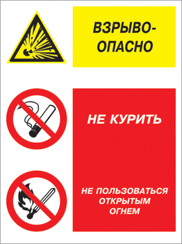 Кз 11 взрывоопасно - не курить и не пользоваться открытым огнем. (пластик, 300х400 мм) - Знаки безопасности - Комбинированные знаки безопасности - магазин "Охрана труда и Техника безопасности"